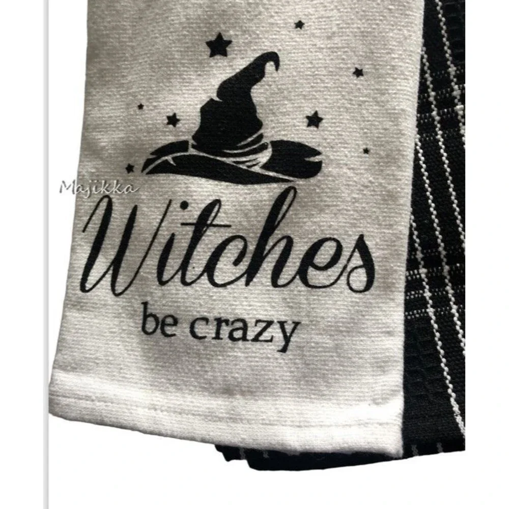 Max Studio Halloween Kitchen Dish Towels Witches Be Crazy Black White Set Of 3